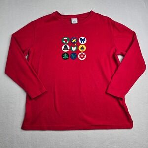 Westbound Womens Long Sleeve Red Christmas Patch T Shirt SZ L holiday Santa tree